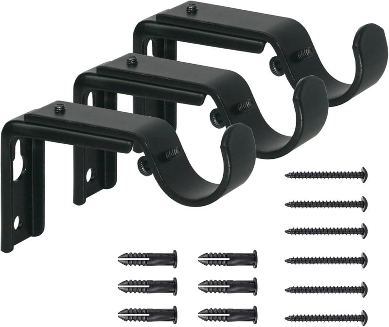 eletriace Curtain Rod Bracket Heavy Duty Adjustable Window Hardware Rod Holders Hanger for 1 inch Rods, Set of 3 (Black - Adjustable) - Image 1